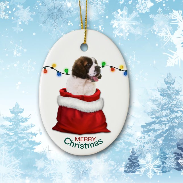 St Bernard Puppy Dog in Holiday Gift Bag Ceramic Ornament (Creator Uploaded)