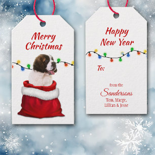 St Bernard Puppy in Santa Bag Gift Tags