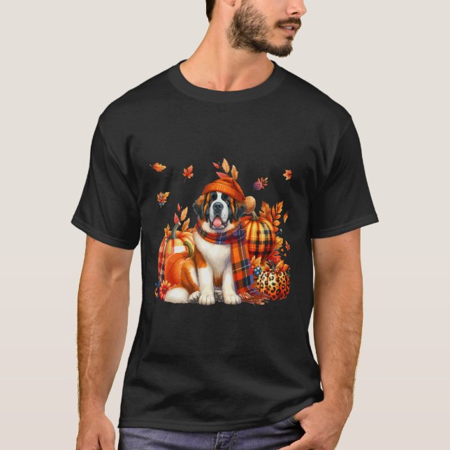 St. Bernard Thanksgiving Leopard Pumpkins Fall Lea T-Shirt (Front)