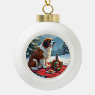 St. Bernard Winter Picnic Christmas Painting Ceramic Ball Christmas Ornament
