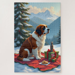 St. Bernard Winter Picnic Christmas Painting Jigsaw Puzzle