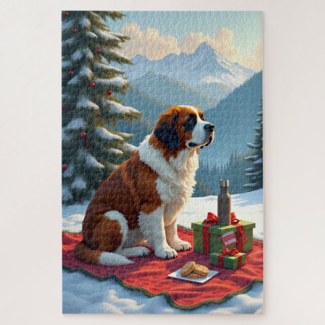 St. Bernard Winter Picnic Christmas Painting Jigsaw Puzzle (Vertical)