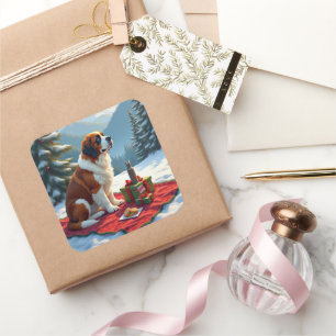 St. Bernard Winter Picnic Christmas Painting Square Sticker