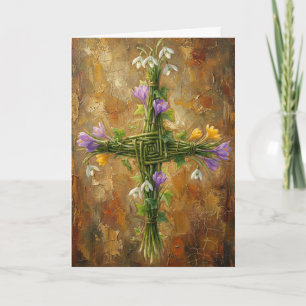 St Brigid Cross Green Rushes Crocus Imbolc Art Card