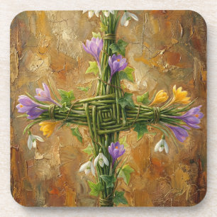 St Brigid Cross Green Rushes Crocus Imbolc Art Coaster