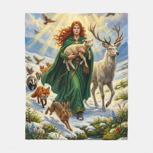 St Brigid Spring Goddess Woodland Animals Imbolc Fleece Blanket (Front)