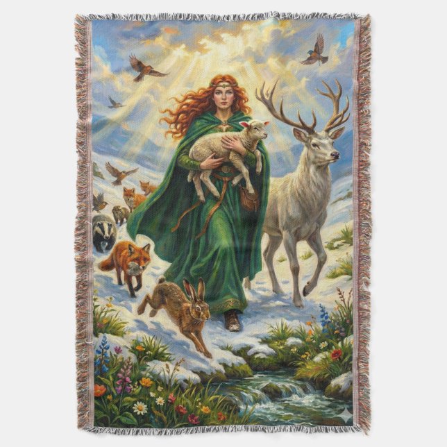 St Brigid Spring Goddess Woodland Animals Imbolc Throw Blanket (Front Vertical)