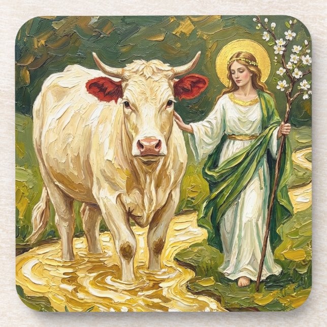 St. Brigid & The White Cow (Imbolc) Coaster (Front)