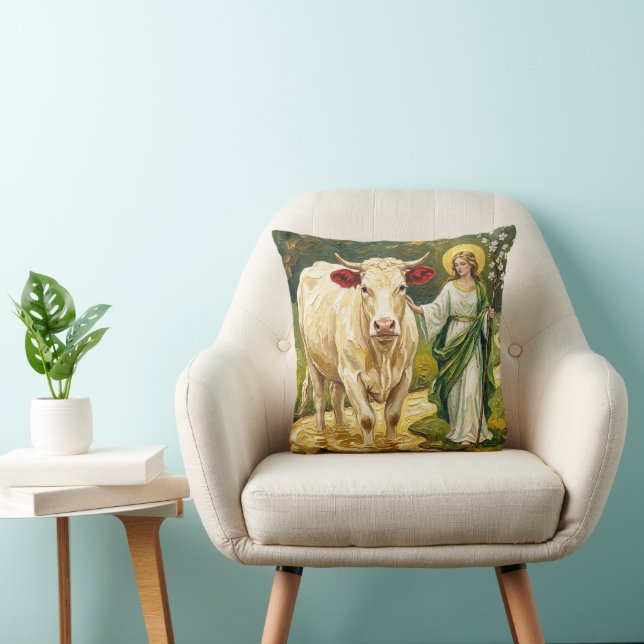 St. Brigid & The White Cow (Imbolc) Throw Pillow (Chair)