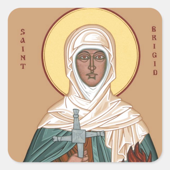 St Brigid with Holy Fire and Cross Square Sticker (Front)