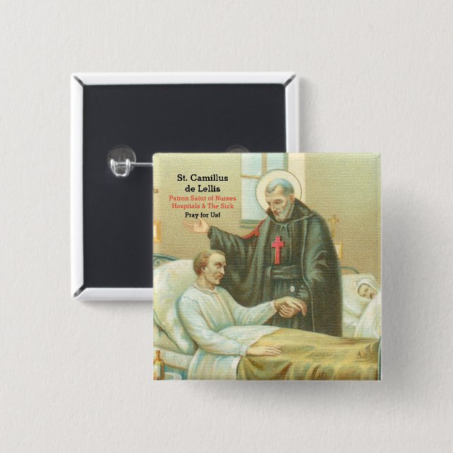 St. Camillus Comforting an Invalid (M 021) 2 Inch Square Button (Front & Back)