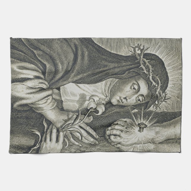 St. Catherine of Siena Crucifixion Art Noir Faith Kitchen Towel (Horizontal)