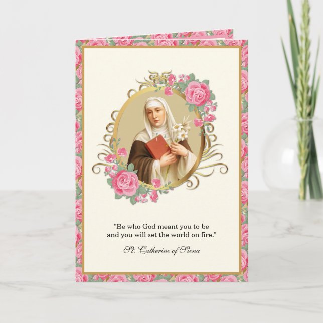 St. Catherine of Siena Religious Prayer Pink Roses Card (Front)