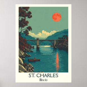 St. Charles Illinois Vintage River Bridge Travel Poster