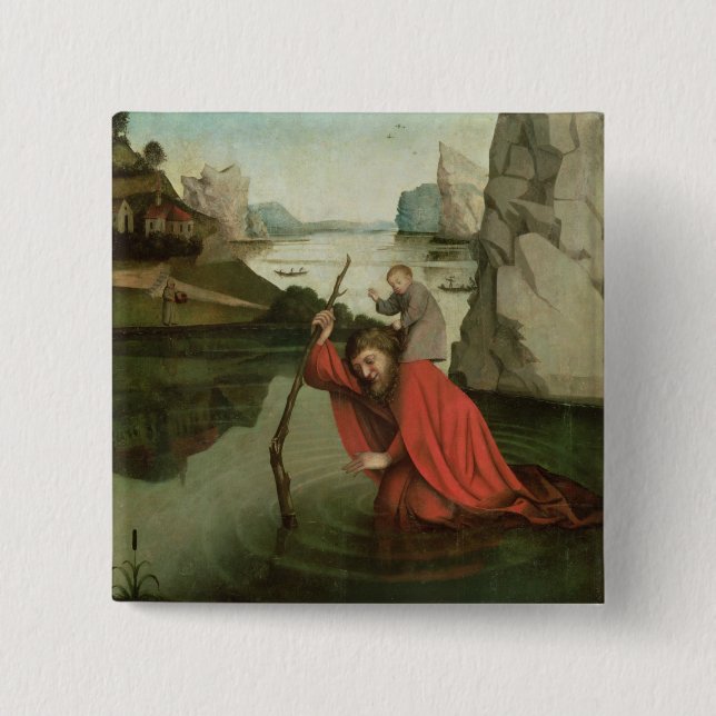 St. Christopher Carrying the Christ Child 2 Inch Square Button (Front)