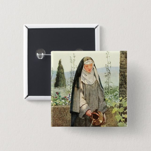 St Clare of Assisi Watering Flowers (M 065) 2 Inch Square Button (Front & Back)