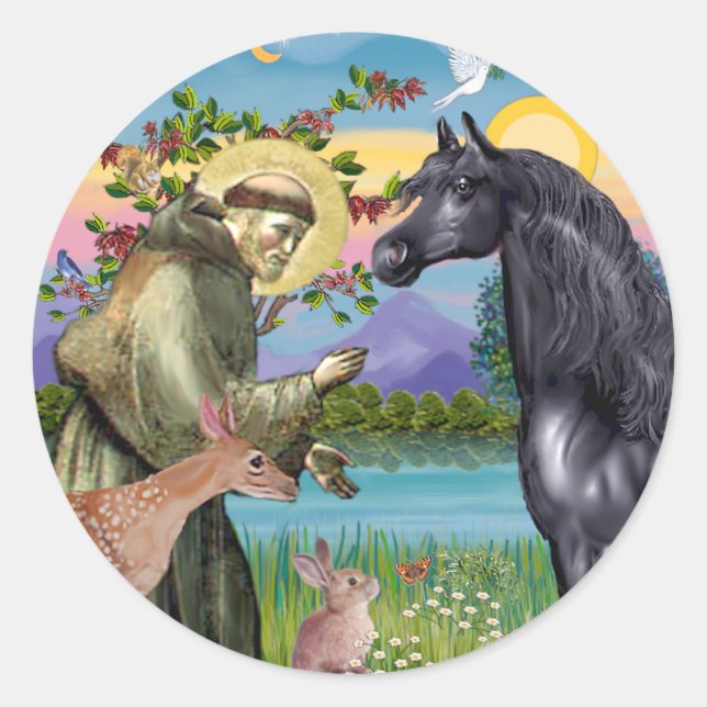 St Francis - Black Arabian Horse Classic Round Sticker (Front)