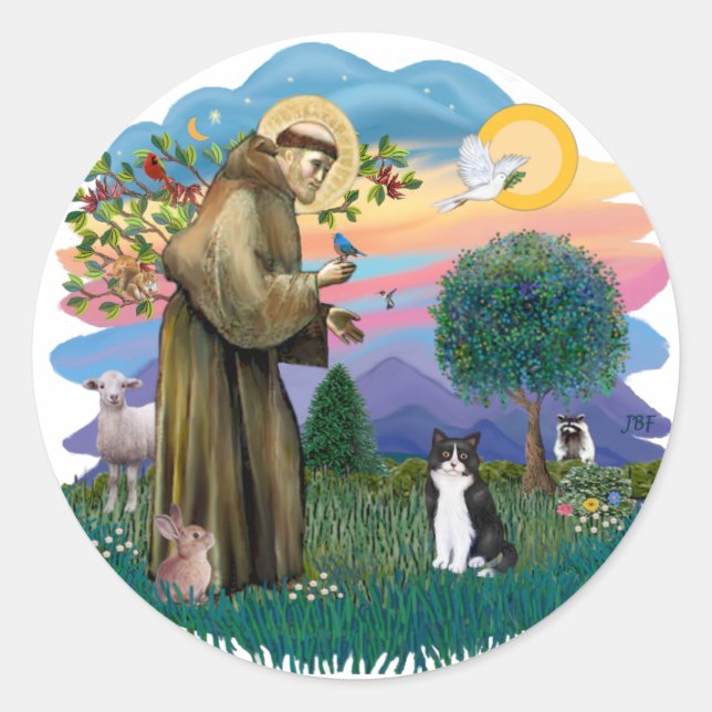 St Francis (ff) - Black and white cat Classic Round Sticker (Front)