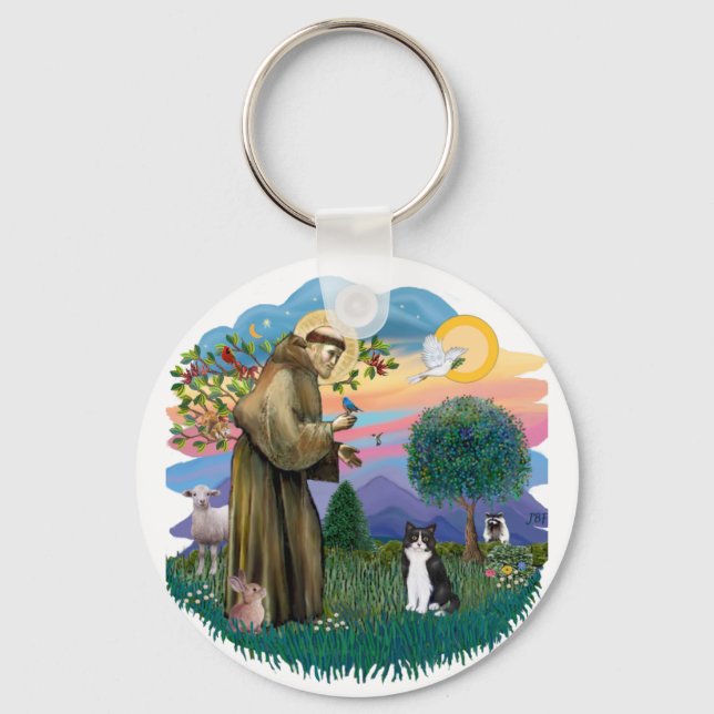 St Francis (ff) - Black and white cat Keychain (Front)