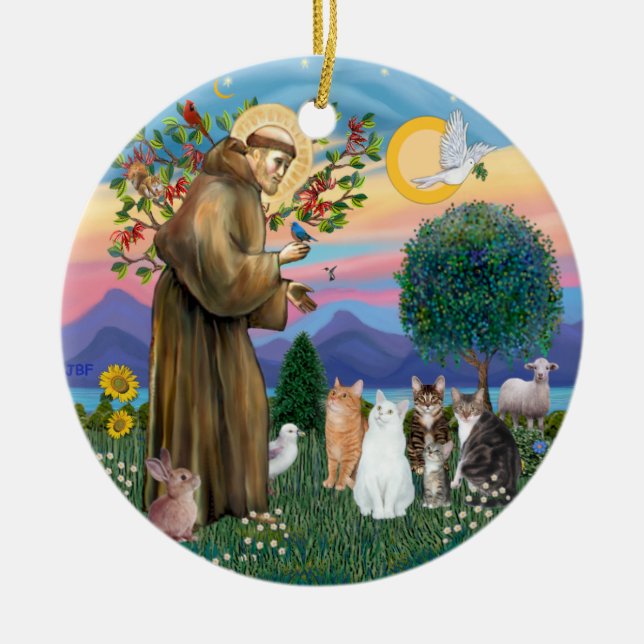 St Francis - Five Cats (AmSH) Ceramic Ornament (Front)