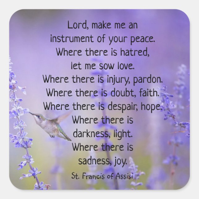 St. Francis of Assisi Prayer Lavender Floral Square Sticker (Front)