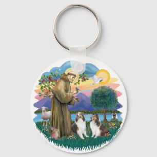St Francis (W) - 2 Shelties (D&L) Keychain