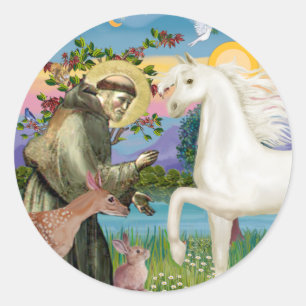 St Francis - White Arabian Horse Classic Round Sticker