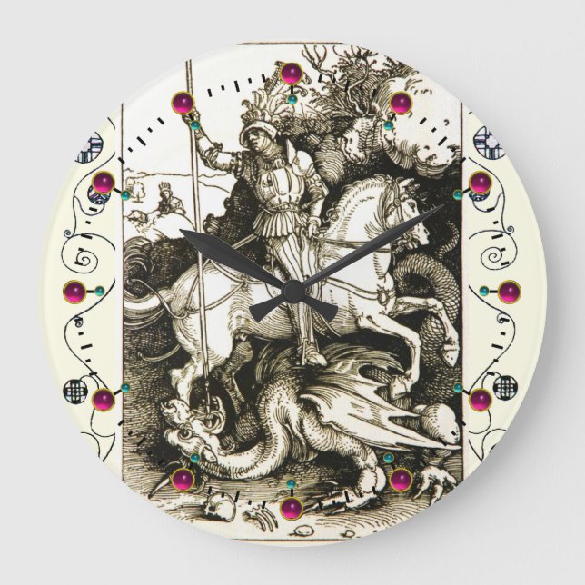 ST. GEORGE AND DRAGON , Black White Large Clock (Front)