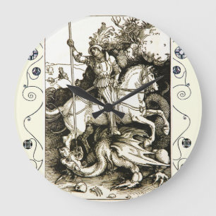 ST. GEORGE AND DRAGON , Black White Large Clock