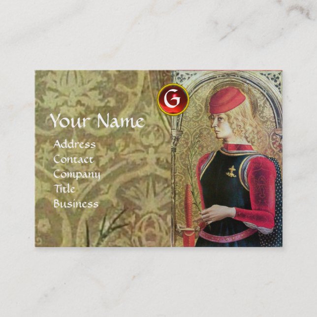 ST.GEORGE AND DRAGON Red Ruby Monogram,Gold Damask Business Card (Front)
