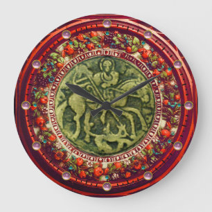 ST.GEORGE, DRAGON BRONZE MEDALLION  FLORAL CROWN LARGE CLOCK