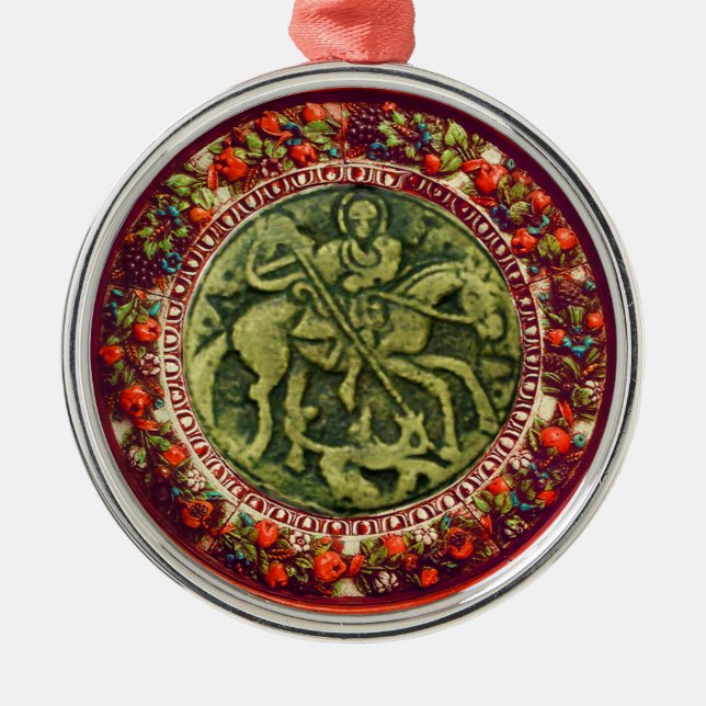 ST.GEORGE, DRAGON BRONZE MEDALLION  FLORAL CROWN METAL ORNAMENT (Front)