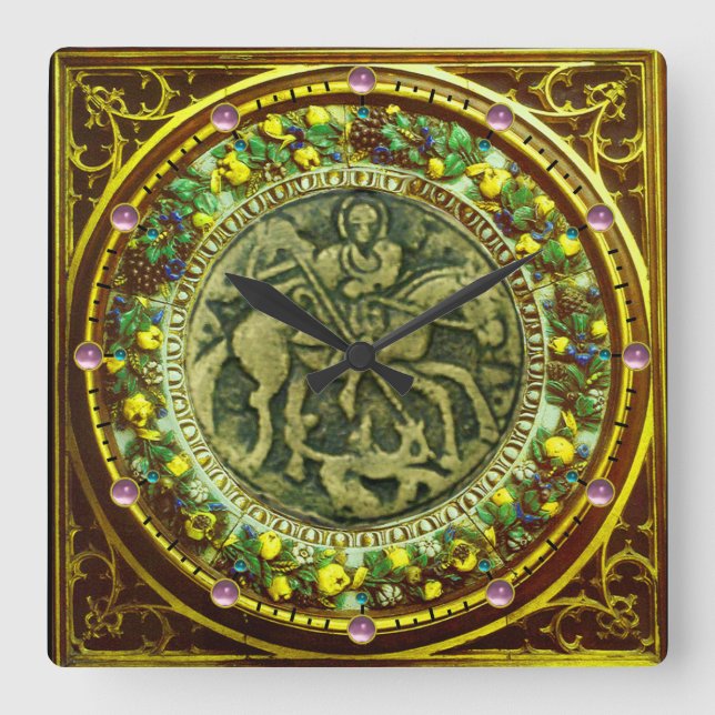 ST.GEORGE, DRAGON BRONZE MEDALLION  FLORAL CROWN SQUARE WALL CLOCK (Front)