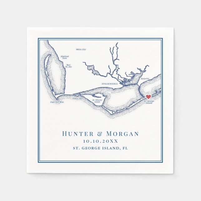 St. George Island FL Map Elegant Navy Blue Wedding Napkin (Front)