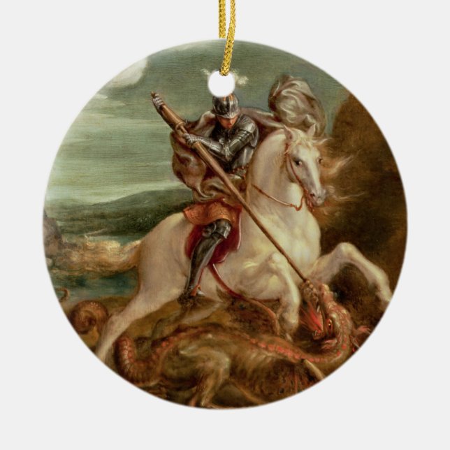 St. George slaying the dragon, (oil on panel) Ceramic Ornament (Front)