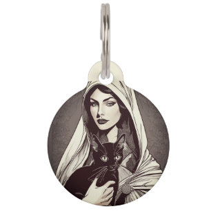 St Gertrude Patron of Cats Tattoo Style Black Cat Pet Tag
