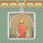 St. Henry II, Emperor (BBS 10) Square Silver Plated Necklace<br><div class="desc">In this image done in the Beuron style of Benedictine art, St. Henry II (972-1024), Holy Roman Emperor, wears Imperial regalia—a crown, an ermine-lined vermillion red cloak over a teal robe, and carries a sceptre and orb symbolic of his temporal power. His crown, the Reichskrone, or Imperial Crown of the...</div>
