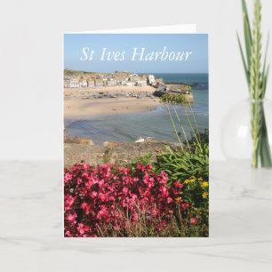 St Ives Harbour Pink Flowers Card