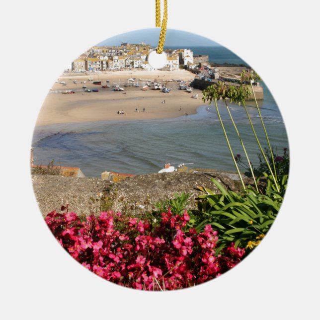 St Ives Harbour Pink Flowers Ceramic Ornament (Front)