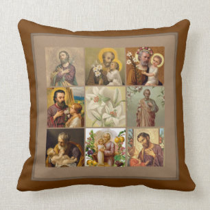 St. Joseph Child Jesus Collage Brown Border Throw Pillow