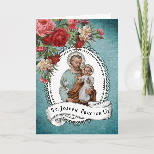 St. Joseph Child Jesus Red Roses Vintage Card (Front)