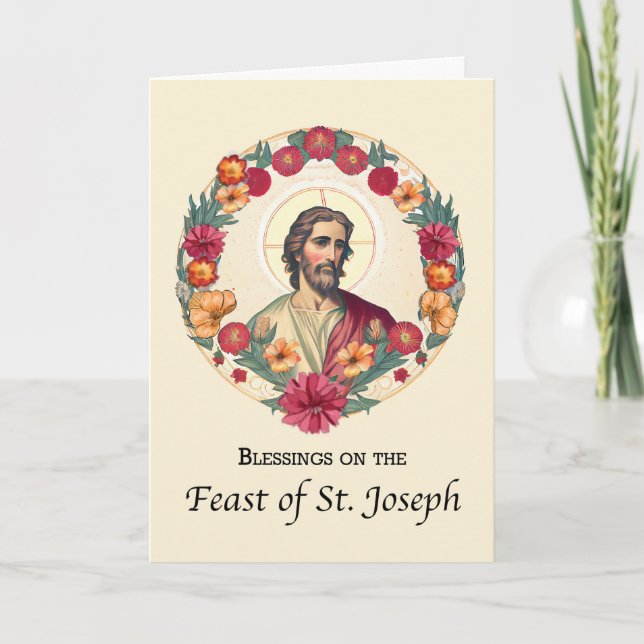 St. Joseph Day Blessings in Circle Wreath FloweRS Card (Front)