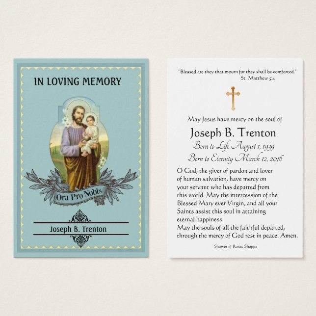 St. Joseph Funeral Catholic Memorial Holy Card (Front & Back)