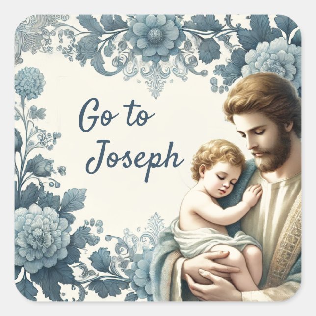 St. Joseph Jesus Blue Floral Religious Square Sticker (Front)