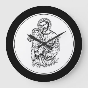St. Joseph Pray for Us Black, White, Catholic Large Clock