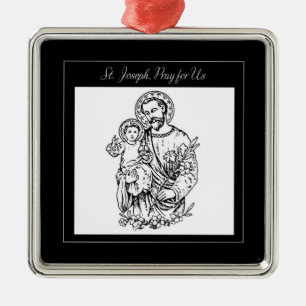 St. Joseph Pray for Us Black, White, Catholic Metal Ornament
