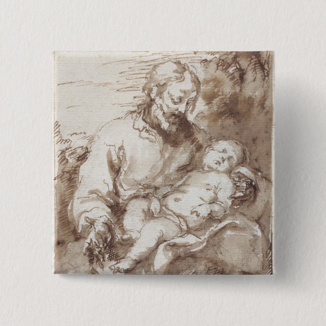 St. Joseph with the Sleeping Christ Child (pen & b 2 Inch Square Button (Front)