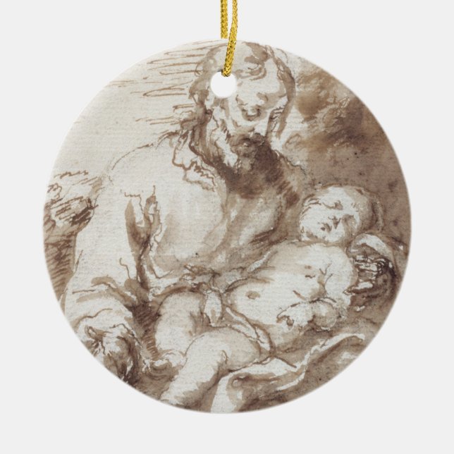 St. Joseph with the Sleeping Christ Child (pen & b Ceramic Ornament (Front)