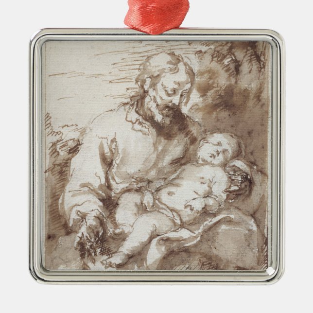 St. Joseph with the Sleeping Christ Child (pen & b Metal Ornament (Front)
