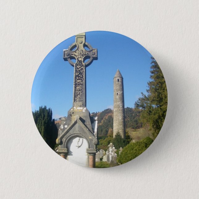 St Kevin's Cross and Round Tower Glendalough 2 Inch Round Button (Front)